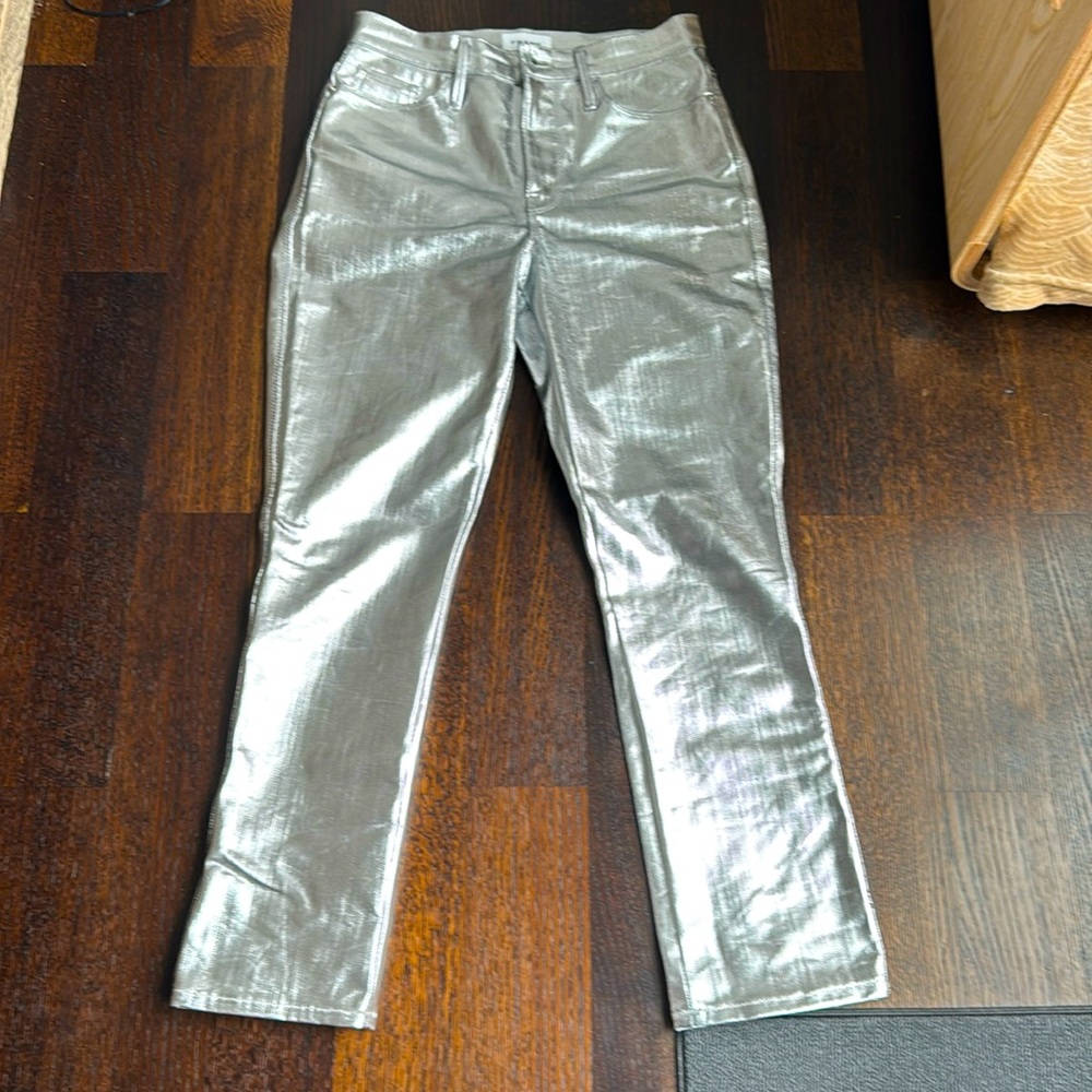 Frame Le Sylvie Slender Straight Leg coated metallic silver jeans size 27.